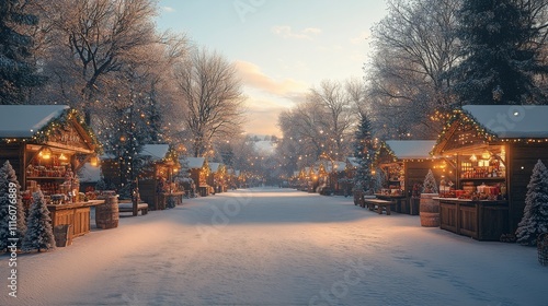 Winter market bustling with holiday spirit amidst a snowy forest landscape
