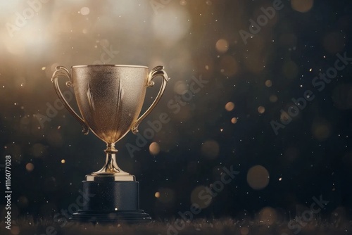 Golden trophy awarded for excellence displayed on a festive background during...