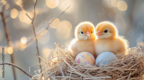 Chicks hatching with colored eggs in a cozy nest surrounded by greenery