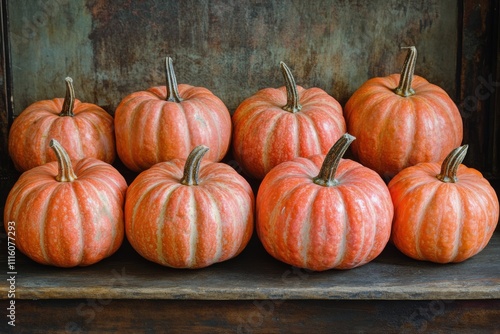 Vibrant orange pumpkins arranged on a rustic wooden surface in autumn season