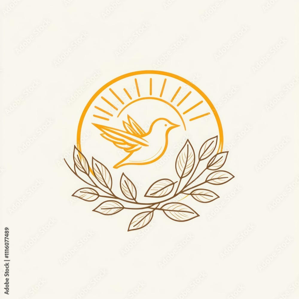 Obraz premium Here's a description and keywords for your image.. Sun, bird, and leaves line art logo.