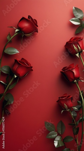 Beautiful arrangement of red roses on a vibrant red background with green leaves