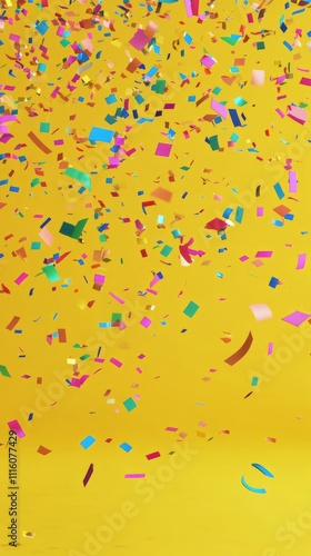 Colorful confetti falling against a bright yellow background during a celebra...