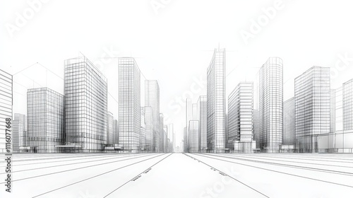A cityscape with tall buildings and a long road