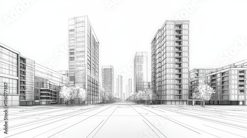 A city street with tall buildings and trees in the background