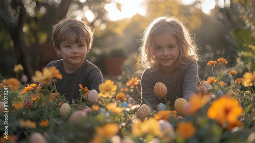 Children enjoying an egg hunt in a sunny meadow filled with flowers