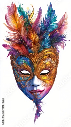 Colorful mask adorned with feathers showcasing intricate designs at a festive...