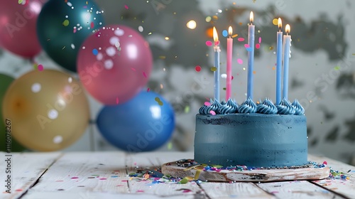 A stunning blue cake with tall candles, set on a rustic white table, colorful balloons in the background, sprinkled with confetti. Perfect for party themes. photo