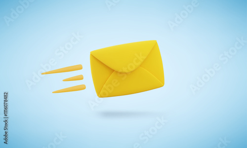 Vector cartoon 3d fast mail concept. Realistic 3d render flying yellow letter with motion lines, new message notification, express email delivery sign. Cute envelope for web, email services app.