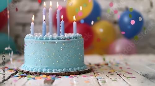 A stunning blue cake with tall candles, set on a rustic white table, colorful balloons in the background, sprinkled with confetti. Perfect for party themes. photo