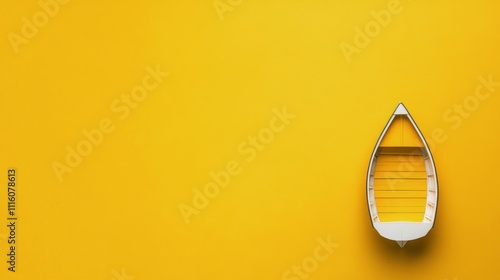 Small wooden boat resting on bright yellow background with minimalistic desig...