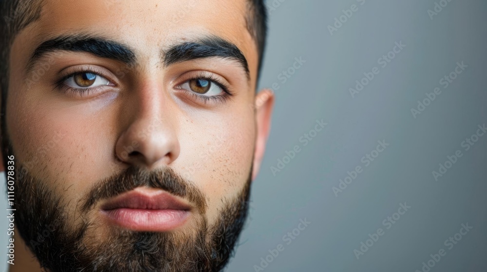 Obraz premium A close-up portrait of a young man with a beard and expressive eyes.