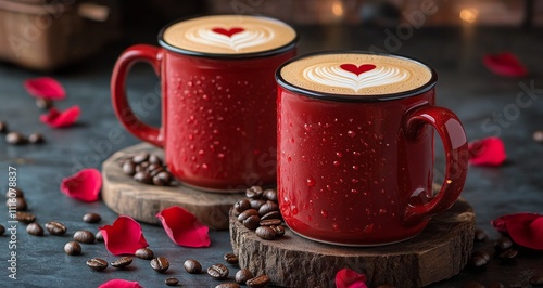 Romantic coffee moment with heart shaped latte art and red rose petals on a w...