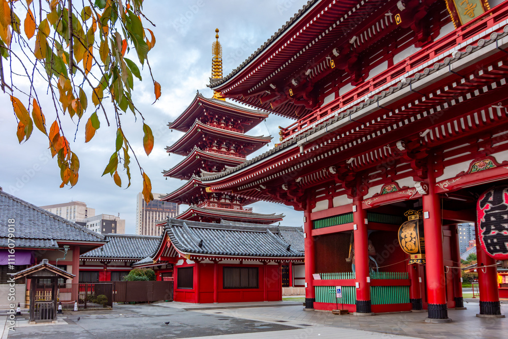 Hozomon gate and Pagoda of Senso-ji temple in Asakusa, Tokyo, Japan (translation on lantern