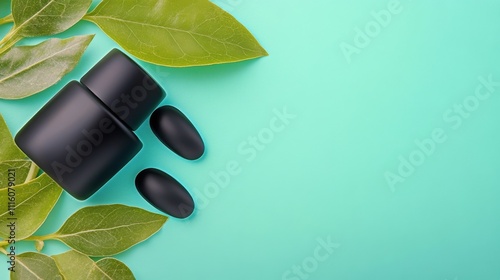 Black cosmetic container with capsules and green leaves on teal background