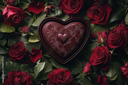 Heart shaped box of chocolates surrounded by roses for a romantic celebration