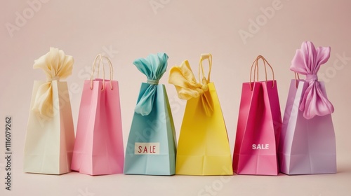 Colorful shopping bags with bows and sale tags arranged in a row on a pastel background, AI photo