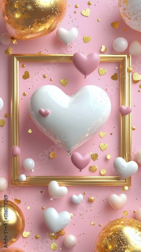 Heart shaped decoration surrounded by colorful balloons and confetti for a ce...