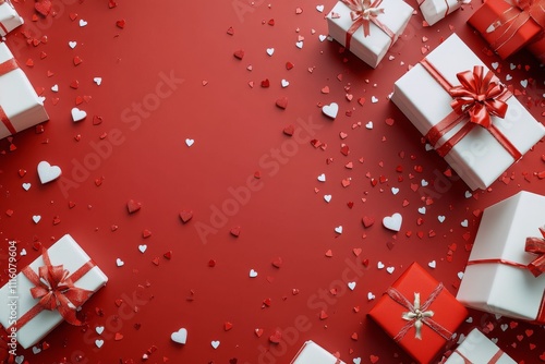 Festive white gift boxes with red ribbons and heart decorations on a vibrant ...