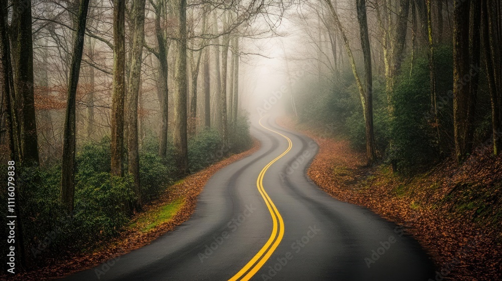 Fototapeta premium Winding road through misty autumn forest.