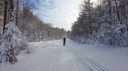 Snow covered trail with a skier enjoying winter sports in a scenic landscape