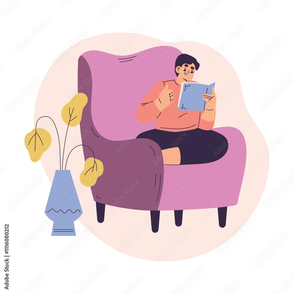 Boy Character Sitting in Armchair Reading Book Have Schedule and Daily Routine Activity Vector Illustration Boy Character Sitting in Armchair Reading Book Have Schedule and Daily Routine Activity Vector Illustration