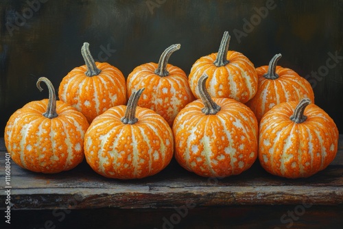Vibrant orange pumpkins arranged on a rustic wooden surface in autumn season