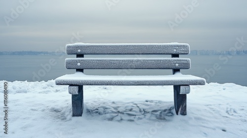 Snow covered bench by the foggy lake in winter landscape