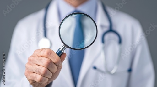 health insurance concept. Doctor holding a magnifying glass in a medical setting.