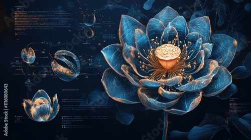 A detailed illustration of a lotus flower with scientific annotations.