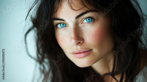 A woman with striking blue eyes and flowing dark hair, looking confidently into the camera, natural light,