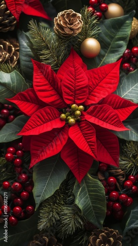 Red poinsettia flower with green berries among festive greenery