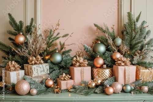Elegant holiday decorations featuring gifts and ornaments in a cozy indoor se...