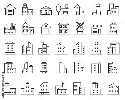 Building line icons. Architecture urban buildings residential, commercial, industrial and public houses. Skyscraper house, townhouse. Hospital, church and factory, warehouse vector thin structures