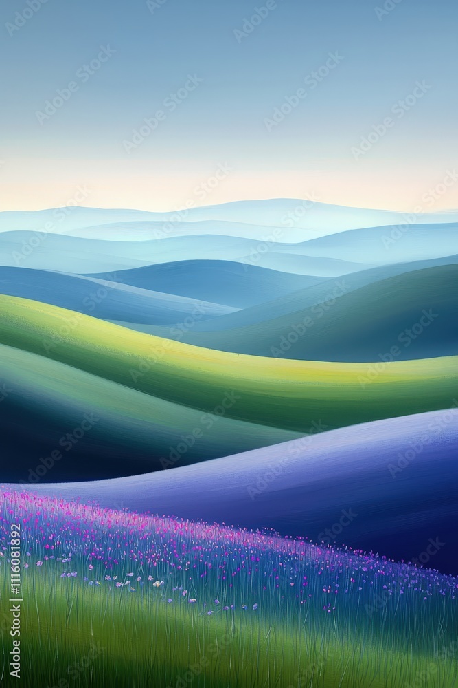Obraz premium Vivid rolling hills with wildflowers and glowing light