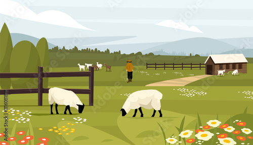 Rural scene with sheep and goats grazing on green meadows, farmer standing near barn and hills in background. Ideal for farming and rural tourism. Vector illustration.