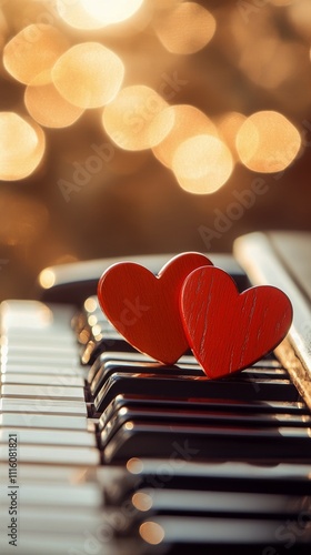 Red hearts sit on piano keys with soft golden bokeh in background during roma...