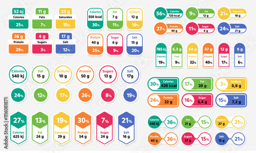 Nutrition facts label. Food table with daily energy value, health diet information for cereals, snacks, drinks and desserts. Vector cartoon set