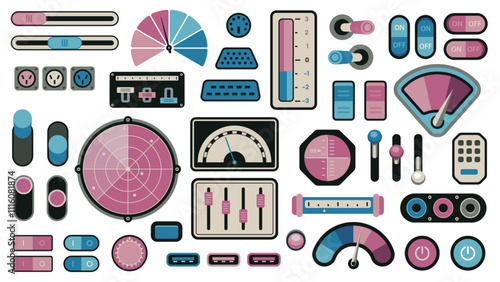 Retro control panel elements. Analog dashboard interface with measurement indicators, volume level sliders, knobs and dials. Vector 70s-80s technology screen photo