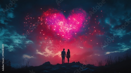 Couple standing hand in hand under a starry sky filled with heart shapes at s...
