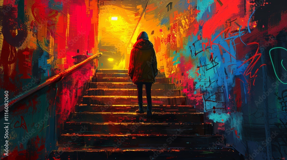A surreal hillside village with glowing windows and arched doorways, featuring vibrant colors and shadowy figures under twilight.
A surreal hillside village with glowing windows and arched doorways, featuring vibrant colors and shadowy figures under twilight.