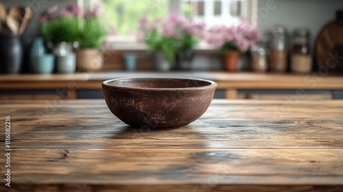Rustic wooden bowl on a kitchen table surrounded by flowers and jars