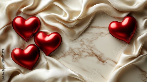 Decorative arrangement of red hearts on luxurious fabric and marble surface d...