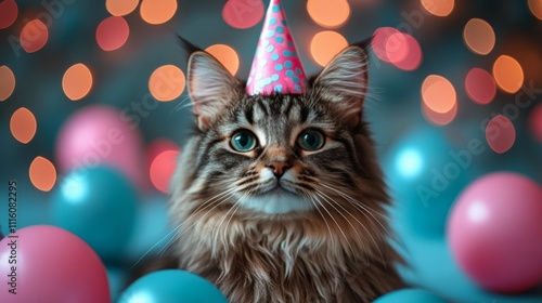 Cat in festive sweater with colorful decorations in cozy room during celebration