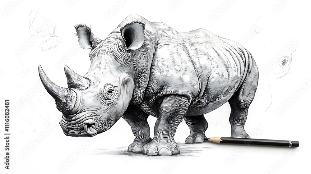Fototapeta premium Realistic rhinoceros pencil sketch wallpaper lifelike designs for timeless and modern homes