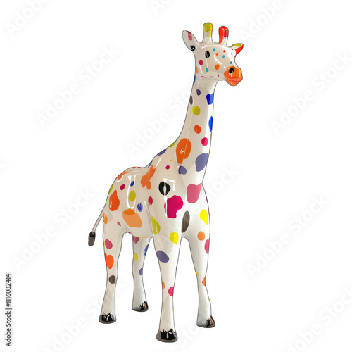 A colorful, stylized giraffe sculpture with polka dots, showcasing playful design. transparent background photo