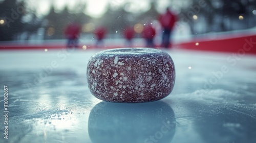Hockey puck resting on ice with players skating in the background during outd...