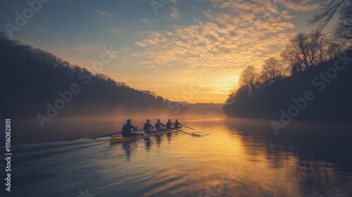 Rowers glide across calm water at sunrise with colorful clouds in the sky