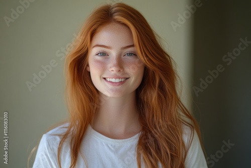 Portrait of a smiling young woman with long red hair against a soft background