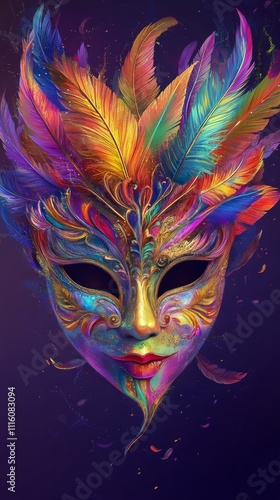 Colorful mask adorned with vibrant feathers and intricate designs at a carniv...